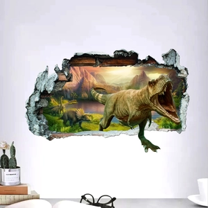 3D dinosaur wall sticker with T-Rex breaking through wall for kids bedroom decor