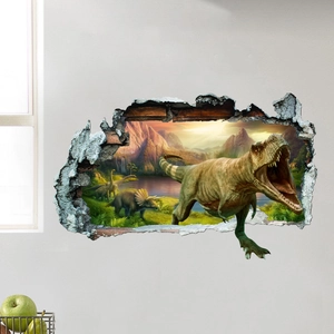 3D dinosaur wall sticker with T-Rex and forest view breaking through a white wall