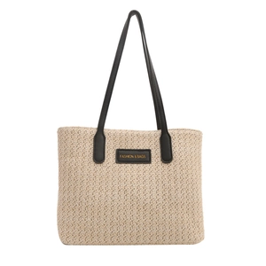 Sac fourre-tout minimaliste en paille avec anses noires et lettrage de mode