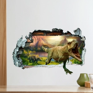Detailed 3D dinosaur wall sticker with T-Rex breaking through wall for kids room decor