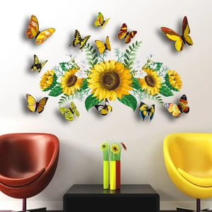Detalle de pegatinas de pared de girasoles 3D con mariposas decorativas de colores