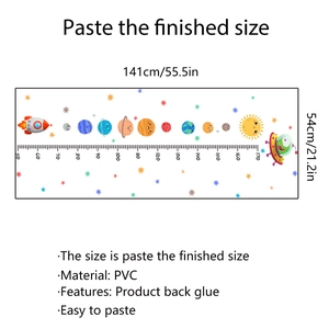 Detailed size chart of space themed growth wall sticker with solar system and PVC dimensions