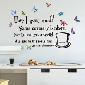 Creative Alice quote wall decal with magic hat and colorful watercolor butterflies