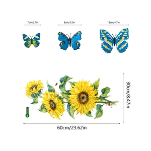 Especificaciones de tamaño detalladas del set de pegatinas de girasol y mariposa