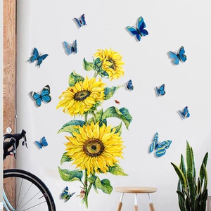 Pegatinas de pared 3D de girasoles y mariposas azules para decoración de salón