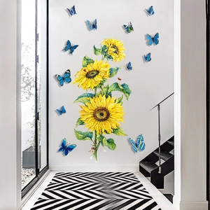 Pegatinas de pared girasol 3D con mariposas azules para decoración de pared salón