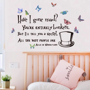 Creative Alice in Wonderland wall decal with butterflies and magic hat for bedroom decor