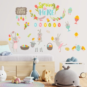 Easter Wall Stickers PVC Cartoon Bunny Eggs Chick Decorative Decals For Kids Room Bedroom Spring Festive Nursery Decoration