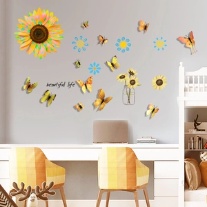 Pegatinas de pared de girasol 3D con mariposas para decoración de sala y alcoba