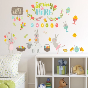Cute cartoon Easter bunny wall stickers set for kids bedroom with Happy Easter text