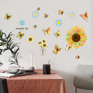 Pegatinas de pared de girasol 3D con mariposas de colores y texto Beautiful Life para hogar