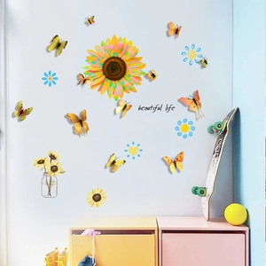Detalle de pegatinas de pared de mariposas 3D con girasol y texto Beautiful Life