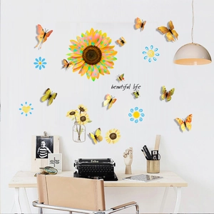 Detalle de vinilos decorativos de girasoles 3D con mariposas y texto 'beautiful life'