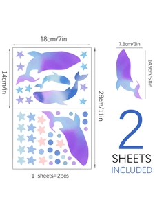 Detailed size chart for luminous watercolor whale and dolphin wall stickers 18x28cm