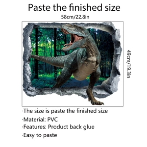 3D dinosaur wall sticker with T-Rex breaking through forest wall, PVC 58x49cm mural