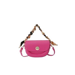 Rose pink saddle bag with gold lock and vintage scarf wrapped handle for women