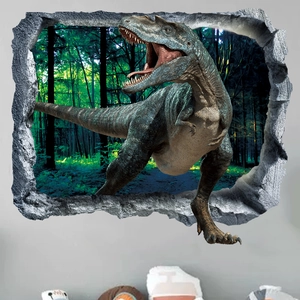 Macro detail of 3D cracked wall dinosaur sticker with realistic T-Rex in green forest