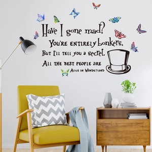 Alice in Wonderland wall stickers featuring vibrant watercolor butterflies and magic hat