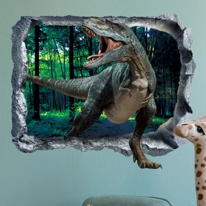 Realistic 3D dinosaur wall sticker showing a T-Rex breaking through wall for kids room