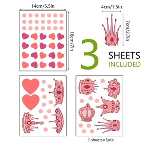 Three sheets of pink crown and heart wall stickers with size dimensions for kids room