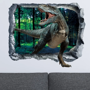 3D cracked wall dinosaur wall decal for living room decoration with forest scenery