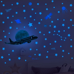 Adesivi Murali Luminosi Stelle Luna Aereo Decalcomanie PVC Fluorescente Cielo Notturno Per Camera Dei Bambini