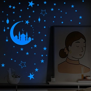 Leuchtende blaue Wandaufkleber mit Moschee-Mond und Sternen für Kinderzimmer Deko