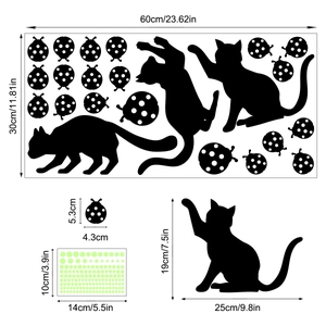 Luminous cat and ladybug wall stickers kit with 60x30cm size and fluorescent dots