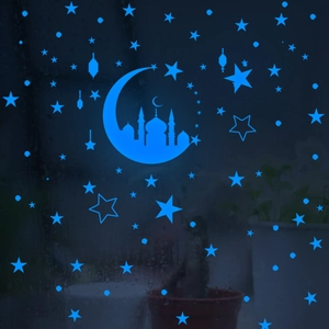Leuchtende blaue Wandaufkleber mit Mond, Sternen und Moschee-Silhouette für Kinderzimmer