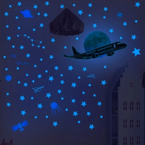 Adesivi murali fluorescenti blu con stelle e aerei per la cameretta dei bambini