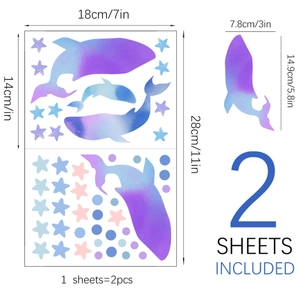 Luminous dolphin and stars wall stickers set with blue purple watercolor gradient design