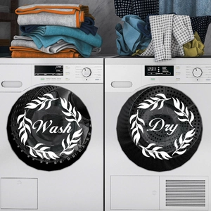 Detailansicht der runden Wash und Dry Aufkleber mit Blumen auf Waschmaschinen