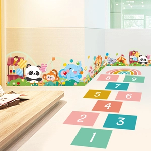 Colorful macaron numeric hopscotch floor decals and cartoon animal nursery wall stickers