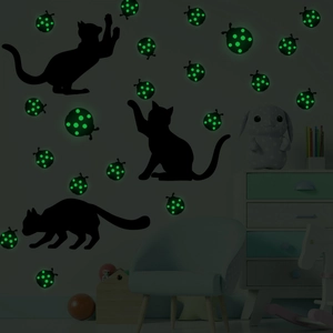 Luminous cat and ladybug wall stickers for kids room with glowing night fluorescence effect
