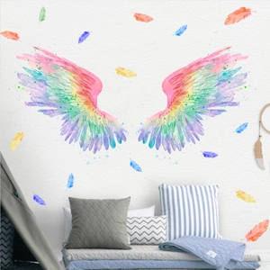 Watercolor Angel Wings Wall Sticker Rainbow Gradient Feather Wall Decal For Kids Room Nursery Bedroom PVC DIY Home Decor