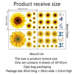 Size chart showing 60x90cm sunflower wall stickers set with 4 sheets for home decor