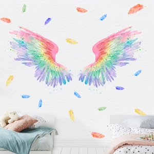 Vibrant watercolor rainbow angel wings wall decal set with colorful floating feathers