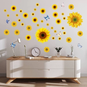 Detail of sunflower and colorful butterfly wall decals on a modern minimalist white wall