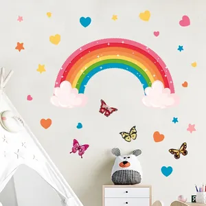 Regenbogen und Schmetterling Wandaufkleber für Kinderzimmer Deko mit Sternen und Herzen