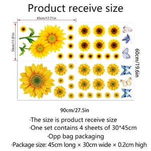 Size chart showing 4-piece sunflower butterfly wall decals set measuring 60x90cm total