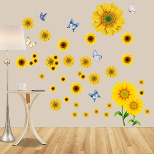 Detail of sunflower and colorful butterfly wall stickers for home decor and living room