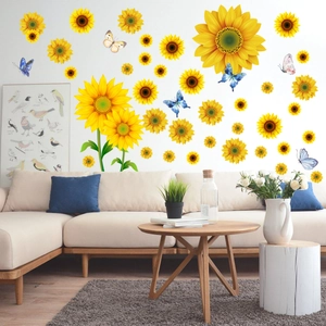 Detailed view of sunflower and butterfly wall decals in a modern living room setting