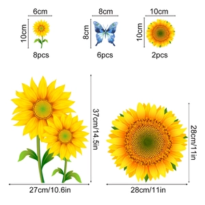 Detailed dimension guide for sunflower and blue butterfly wall stickers with size specs