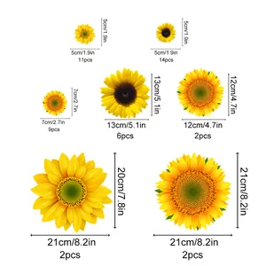 Detailed size chart for sunflower wall decals showing dimensions and quantities per pack