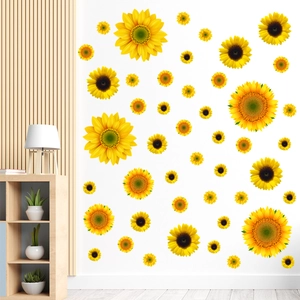 Detailed view of vibrant yellow sunflower wall decals on a minimalist white living room wall
