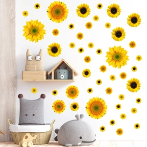 Close-up of bright yellow sunflower wall decals in a warm and cozy children room setting