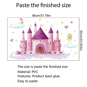 Detail of pink castle wall sticker with girl and moon showing PVC material size 96x60cm