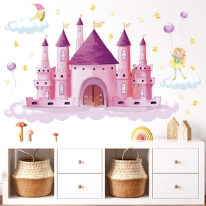 Pink cartoon castle wall decal set with girl and stars for kids bedroom decoration