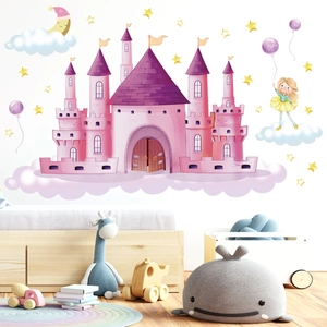 Pink Castle Wall Sticker Dreamy Cartoon Girl Star Moon Pattern PVC Waterproof Wall Decal For Kids Room Bedroom Home Decor