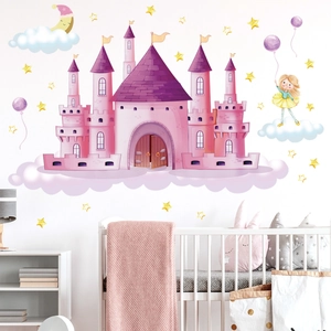 Pink cartoon castle wall stickers with clouds, moon and girl for nursery room decor
